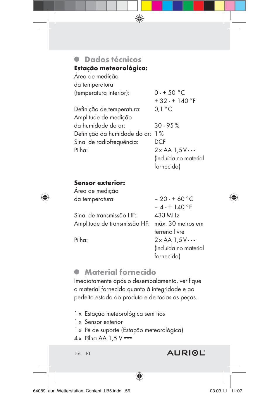 Dados técnicos, Material fornecido | Auriol Z29962A User Manual | Page 54 / 93