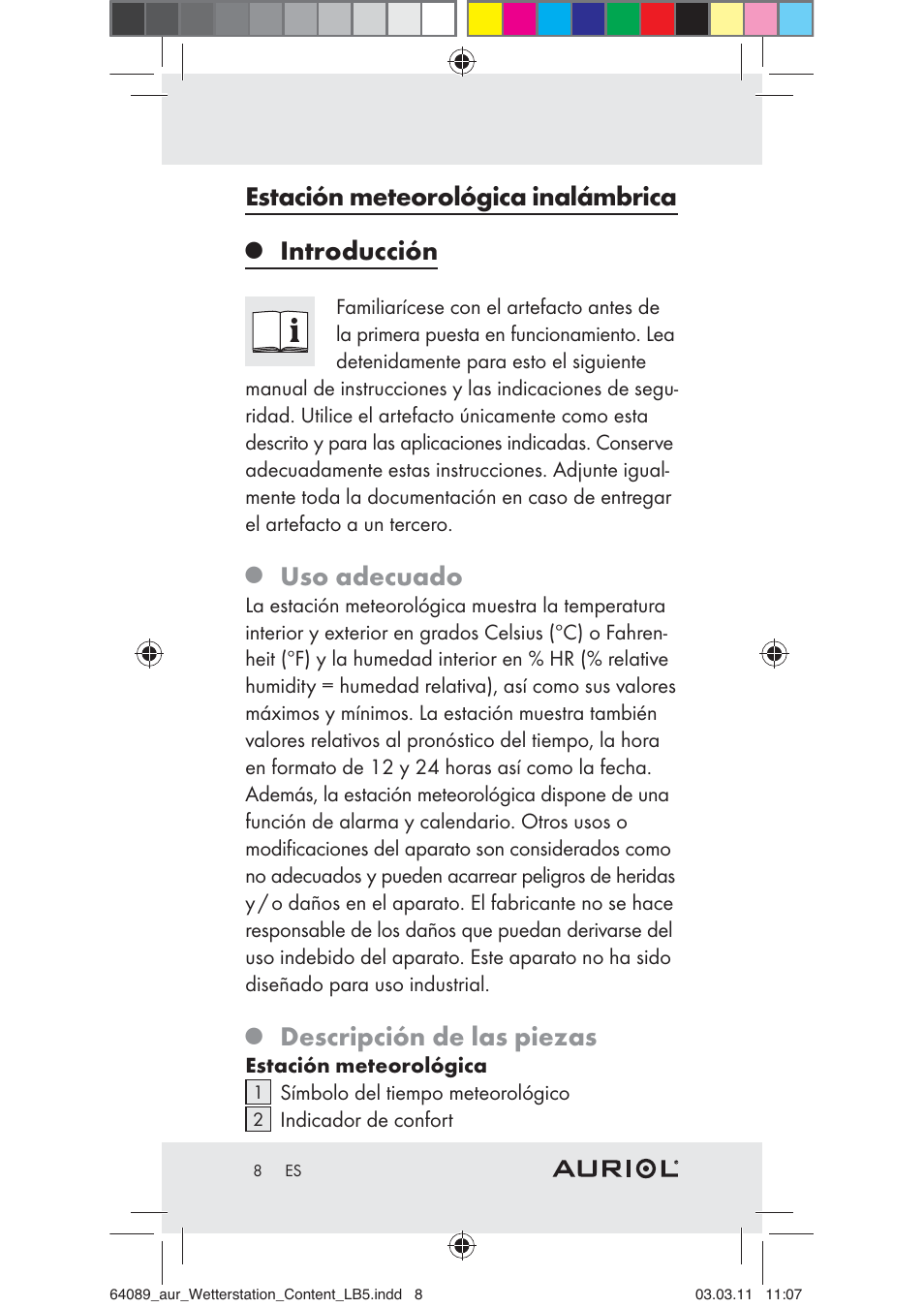 Estación meteorológica inalámbrica, Introducción, Uso adecuado | Descripción de las piezas | Auriol Z29962A User Manual | Page 6 / 93