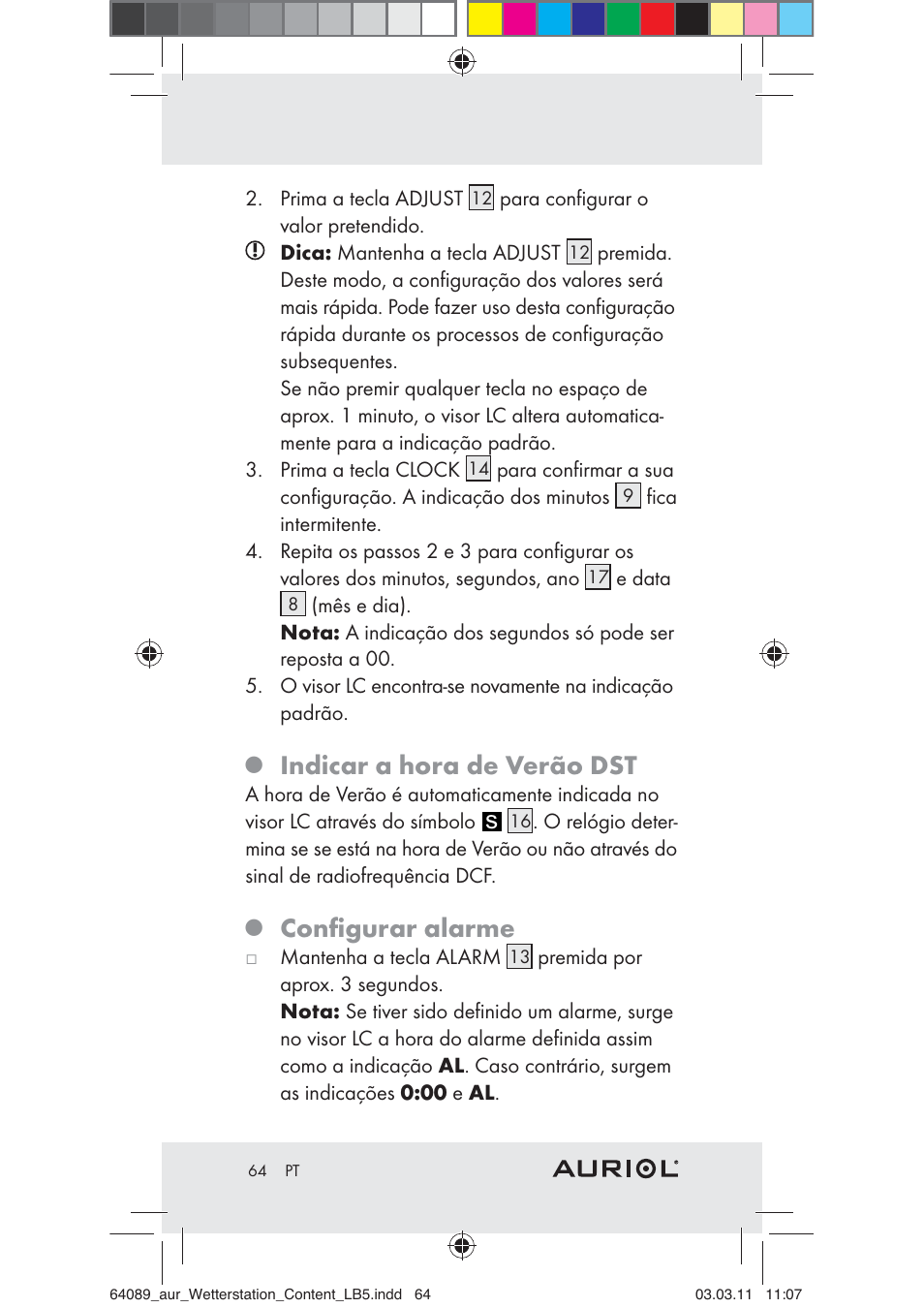 Indicar a hora de verão dst, Conﬁgurar alarme | Auriol Z29962A User Manual | Page 62 / 93