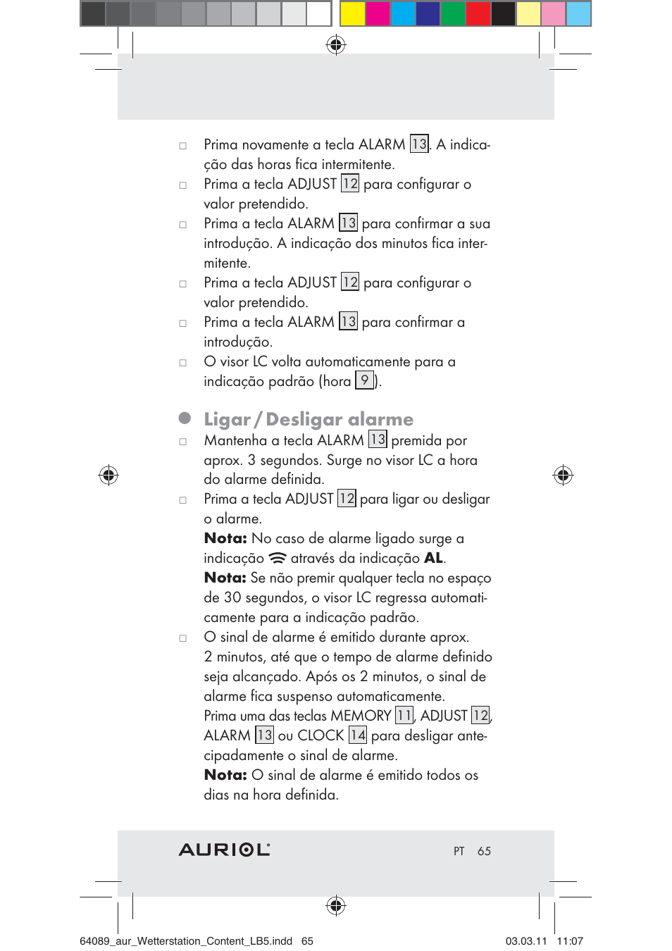 Ligar / desligar alarme | Auriol Z29962A User Manual | Page 63 / 93