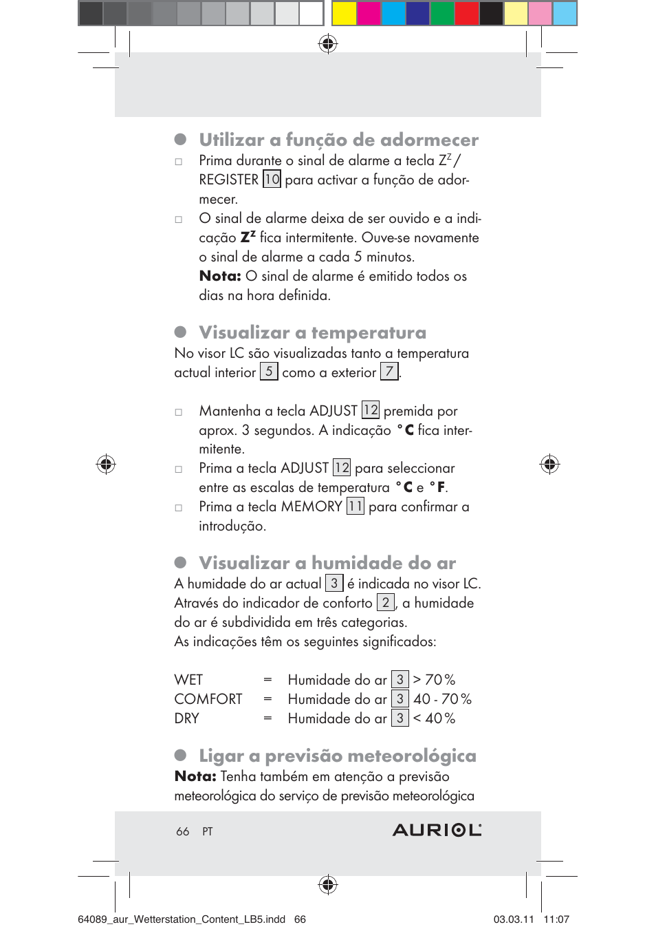 Utilizar a função de adormecer, Visualizar a temperatura, Visualizar a humidade do ar | Ligar a previsão meteorológica | Auriol Z29962A User Manual | Page 64 / 93