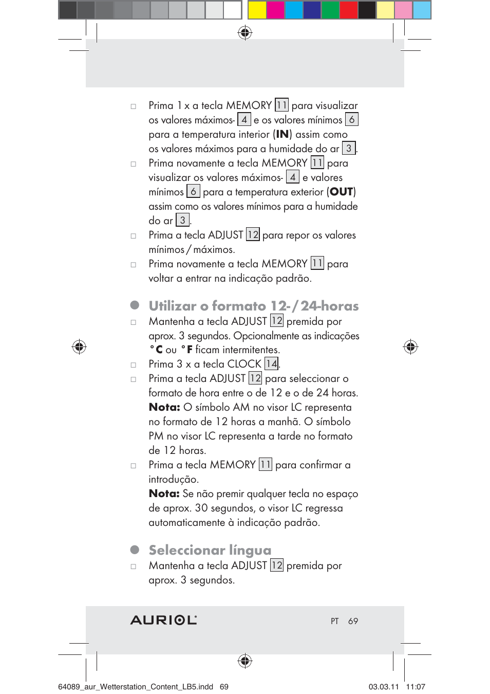 Utilizar o formato 12- / 24-horas, Seleccionar língua | Auriol Z29962A User Manual | Page 67 / 93