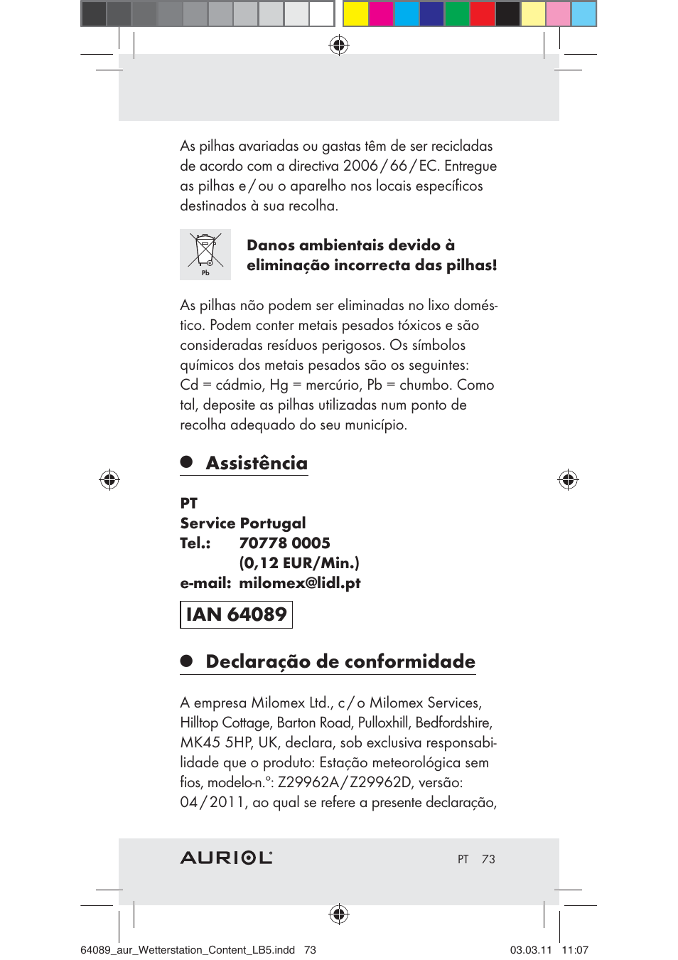 Assistência, Declaração de conformidade | Auriol Z29962A User Manual | Page 71 / 93