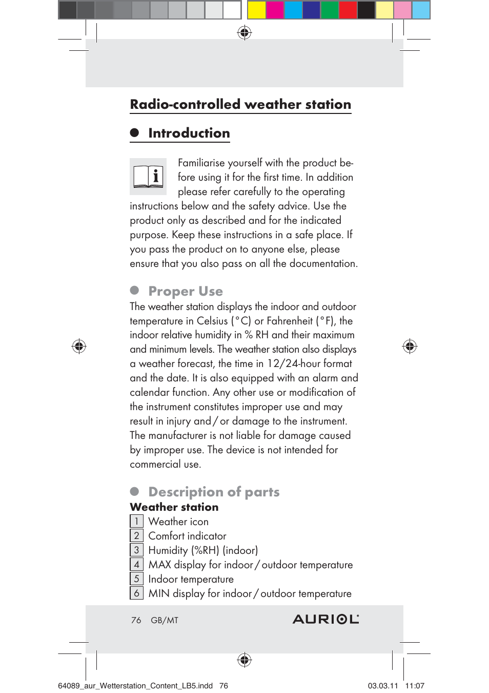 Radio-controlled weather station, Introduction, Proper use | Description of parts | Auriol Z29962A User Manual | Page 74 / 93