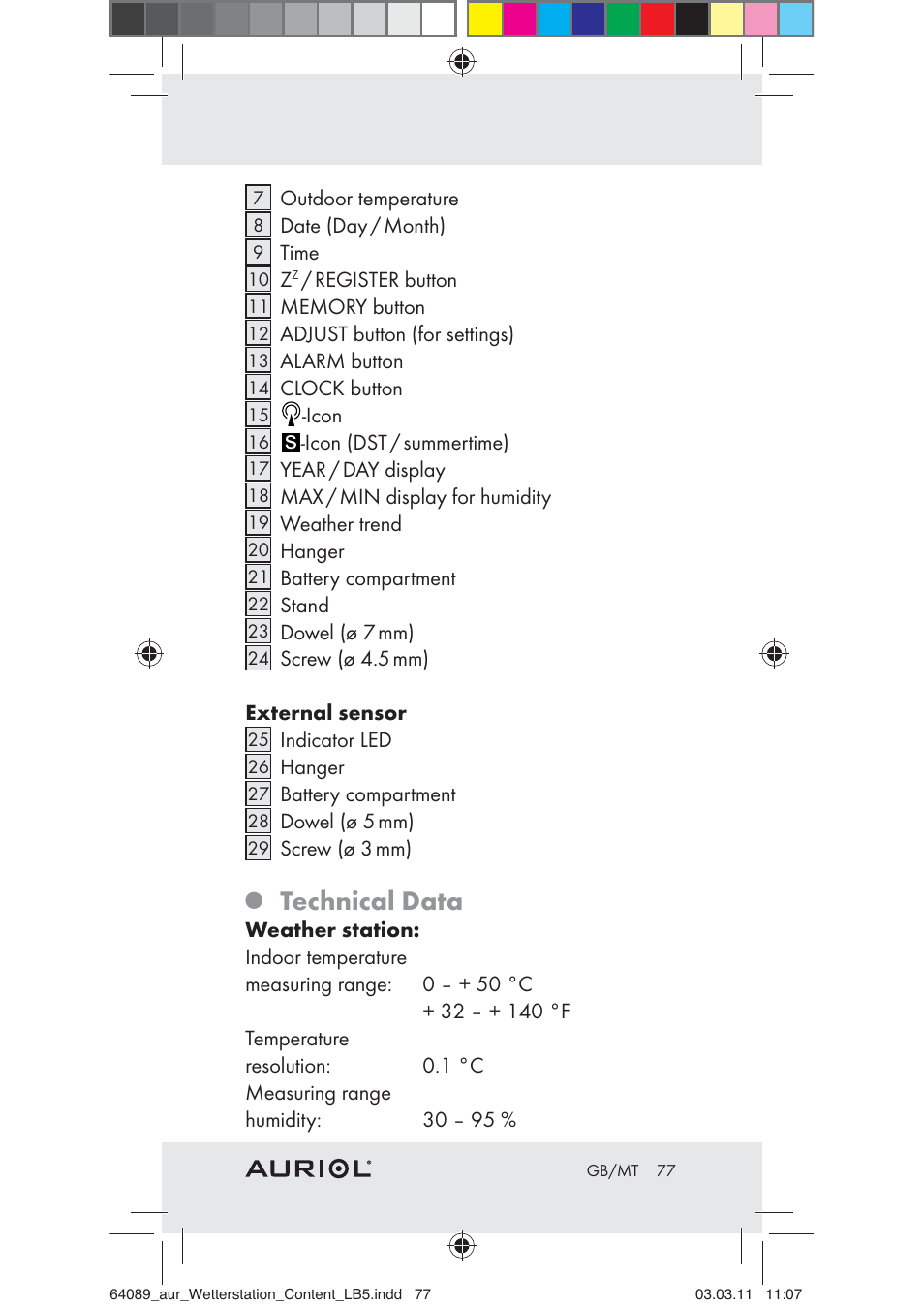 Technical data | Auriol Z29962A User Manual | Page 75 / 93