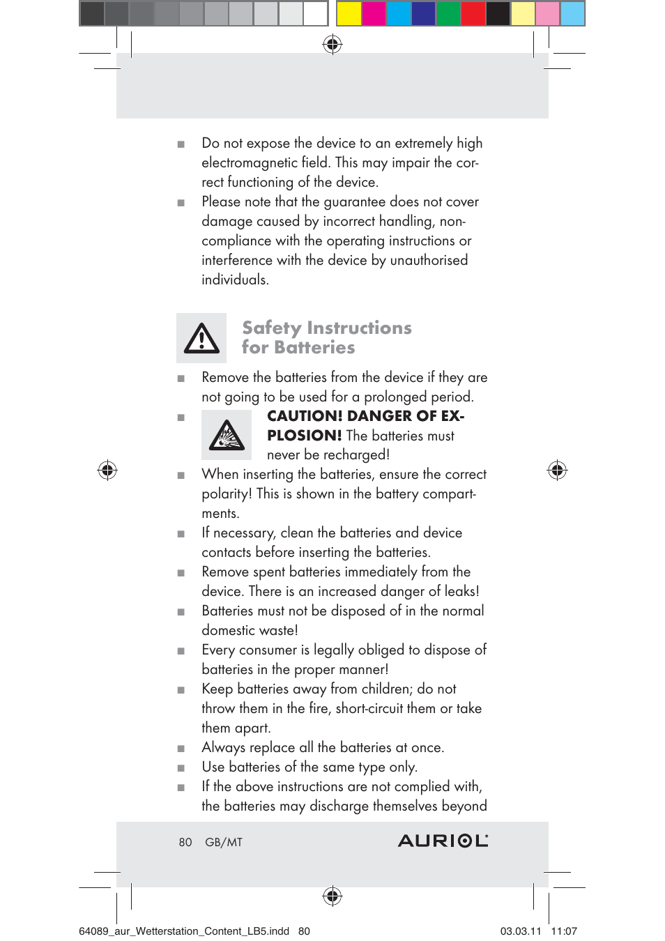 Safety instructions for batteries | Auriol Z29962A User Manual | Page 78 / 93