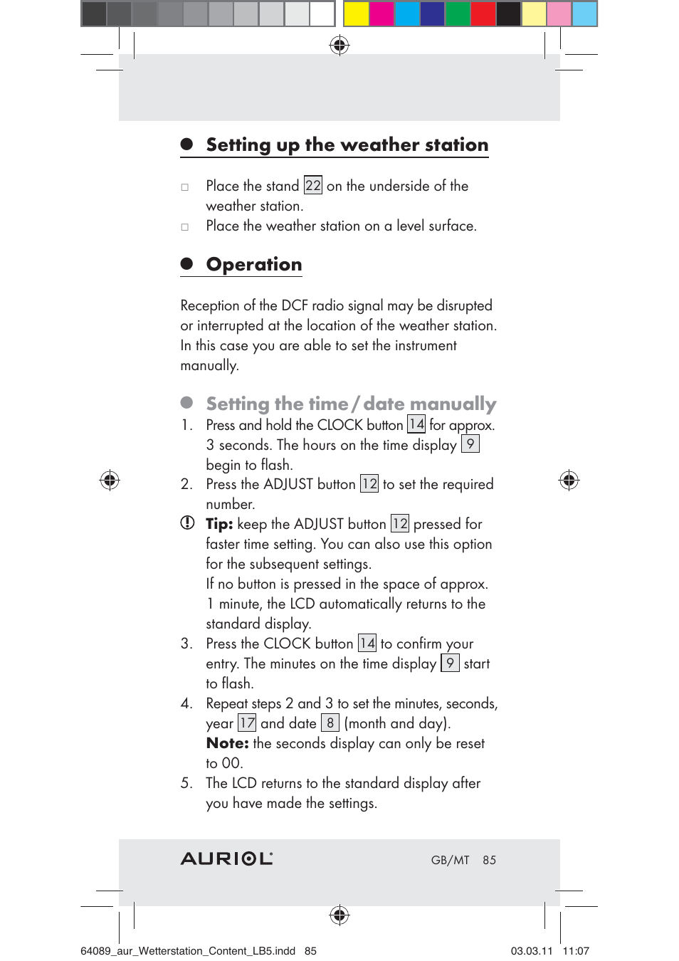 Setting up the weather station, Operation, Setting the time / date manually | Auriol Z29962A User Manual | Page 83 / 93