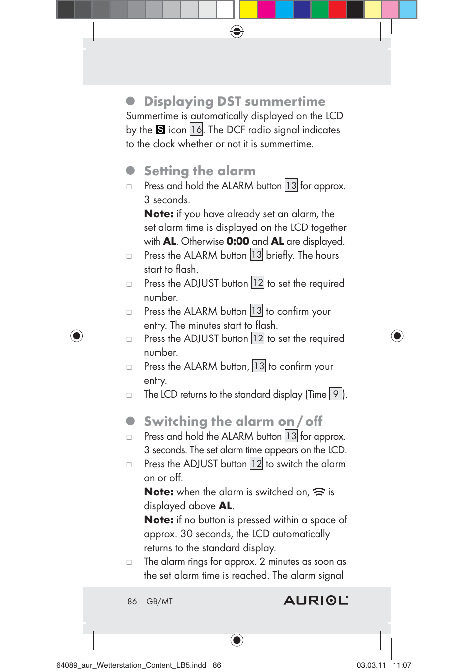 Displaying dst summertime, Setting the alarm, Switching the alarm on / oﬀ | Auriol Z29962A User Manual | Page 84 / 93