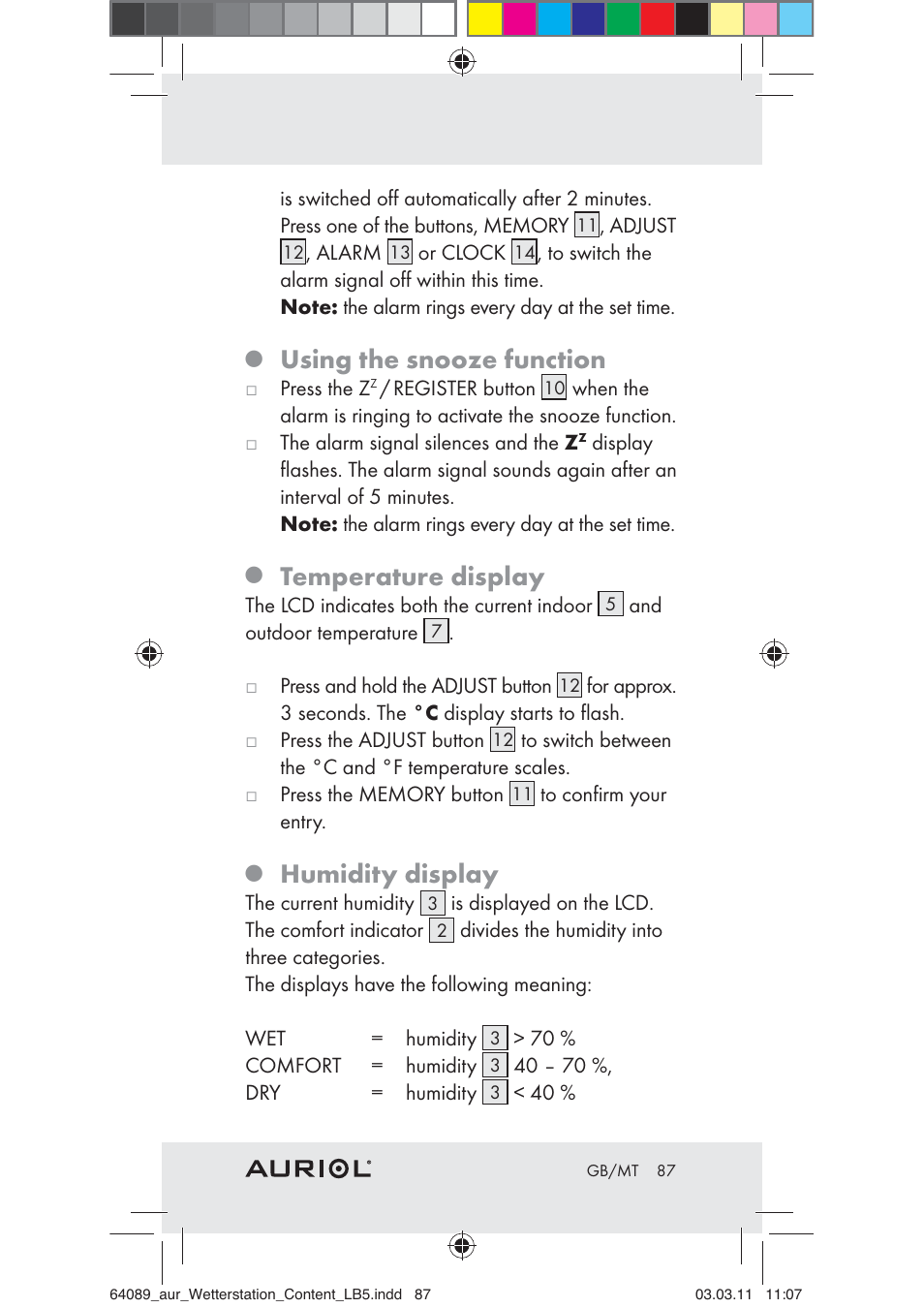 Using the snooze function, Temperature display, Humidity display | Auriol Z29962A User Manual | Page 85 / 93