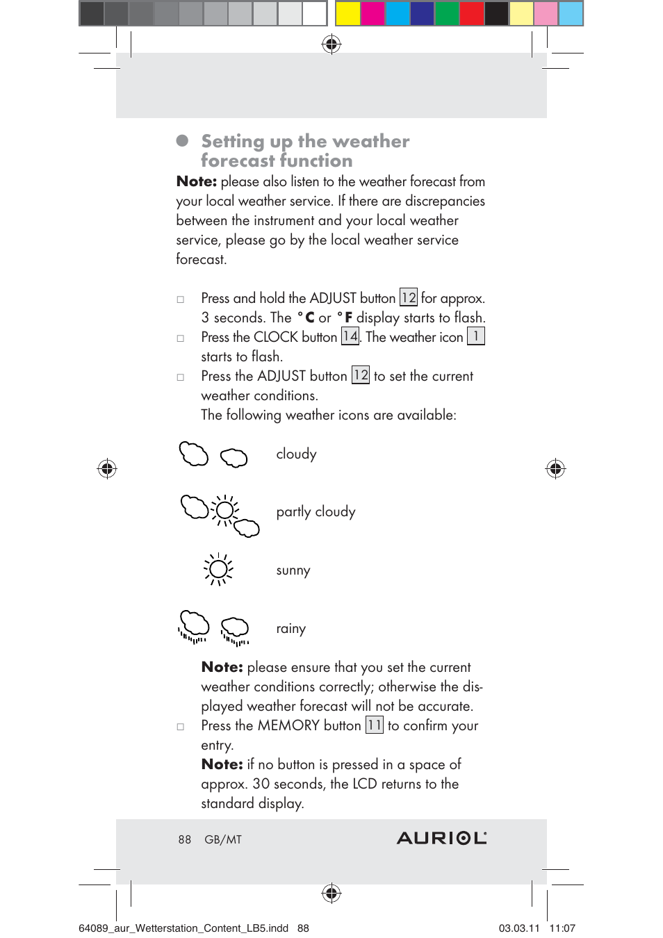 Setting up the weather forecast function | Auriol Z29962A User Manual | Page 86 / 93