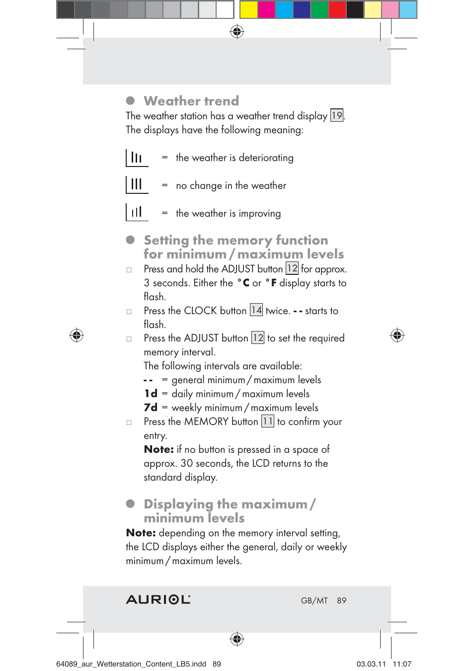 Weather trend, Displaying the maximum / minimum levels | Auriol Z29962A User Manual | Page 87 / 93