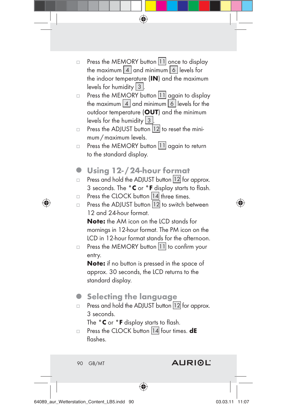 Using 12- / 24-hour format, Selecting the language | Auriol Z29962A User Manual | Page 88 / 93