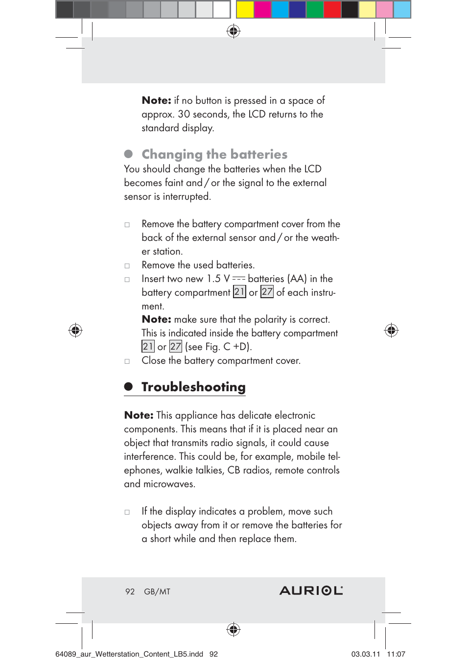 Changing the batteries, Troubleshooting | Auriol Z29962A User Manual | Page 90 / 93