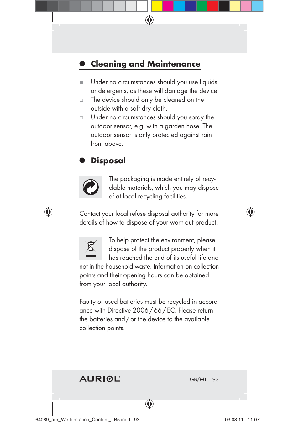 Cleaning and maintenance, Disposal | Auriol Z29962A User Manual | Page 91 / 93