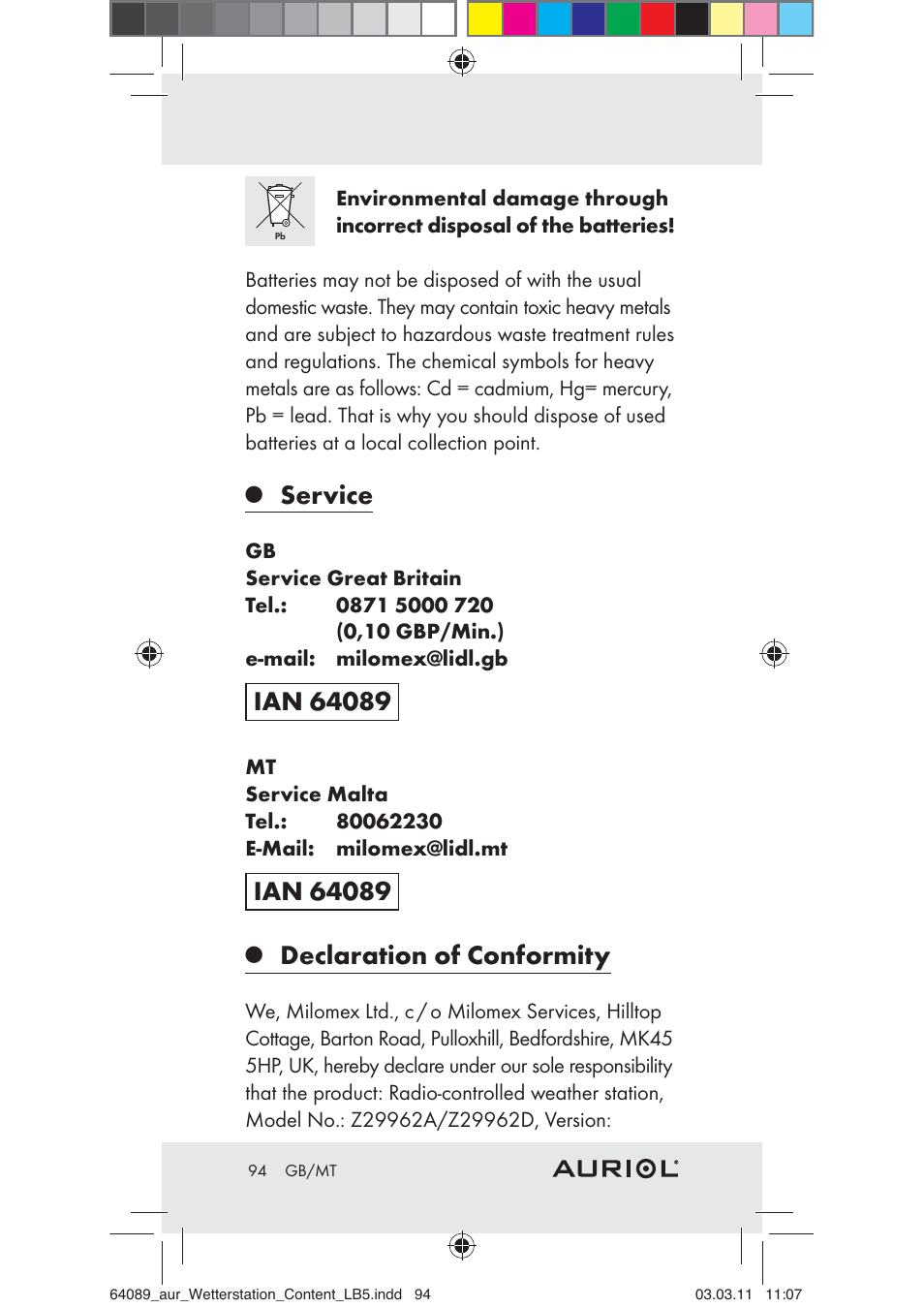 Service, Declaration of conformity | Auriol Z29962A User Manual | Page 92 / 93