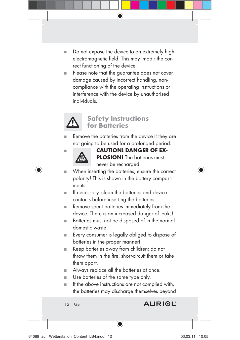 Safety instructions for batteries | Auriol Z29962A User Manual | Page 10 / 136