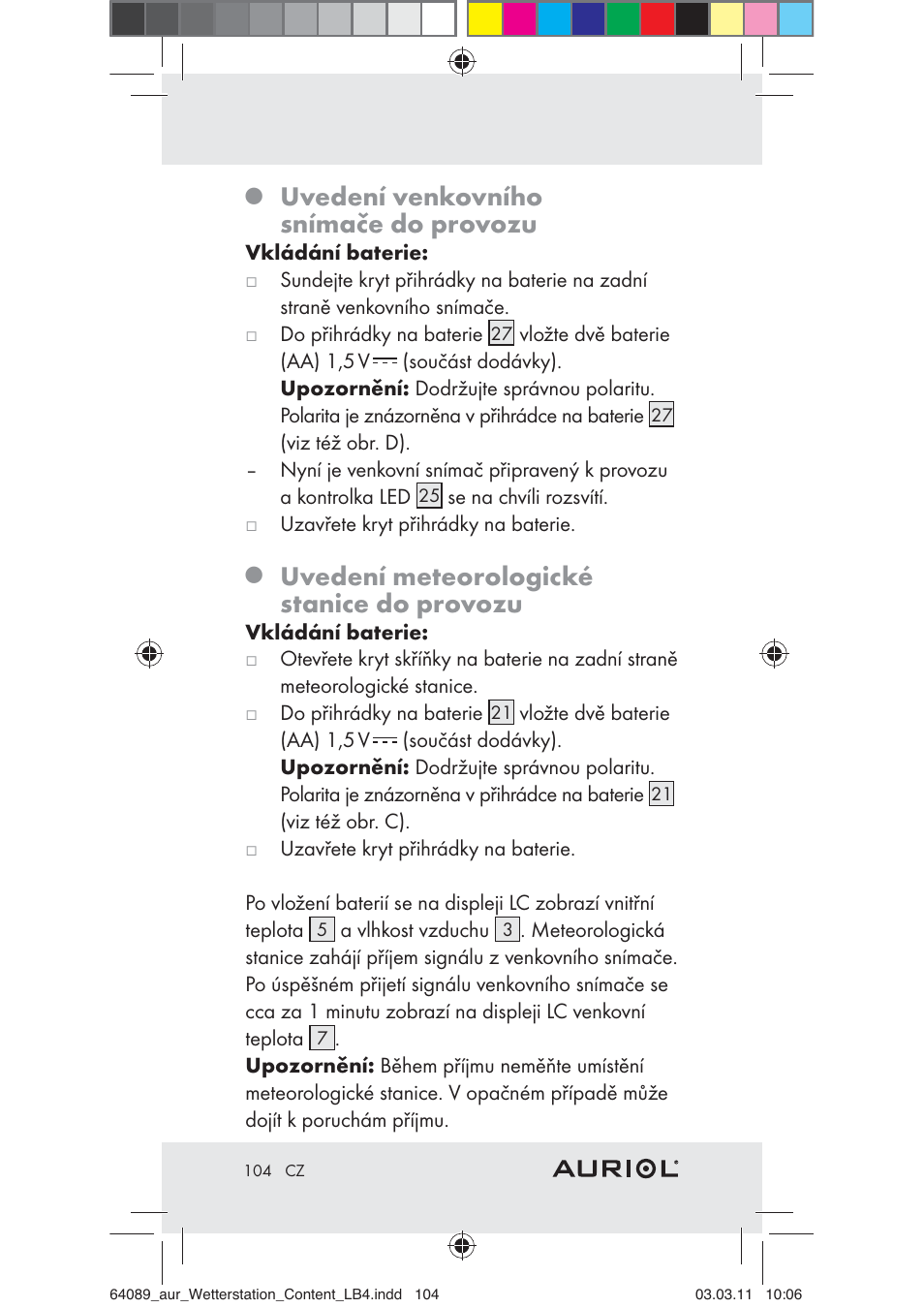 Uvedení venkovního snímače do provozu, Uvedení meteorologické stanice do provozu | Auriol Z29962A User Manual | Page 102 / 136