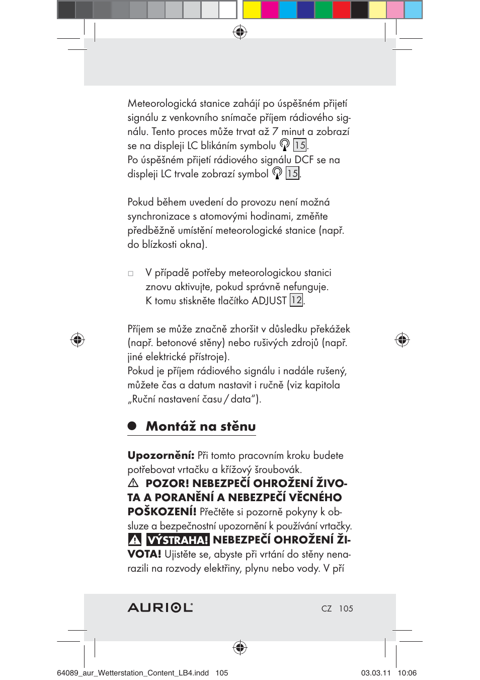 Montáž na stěnu | Auriol Z29962A User Manual | Page 103 / 136