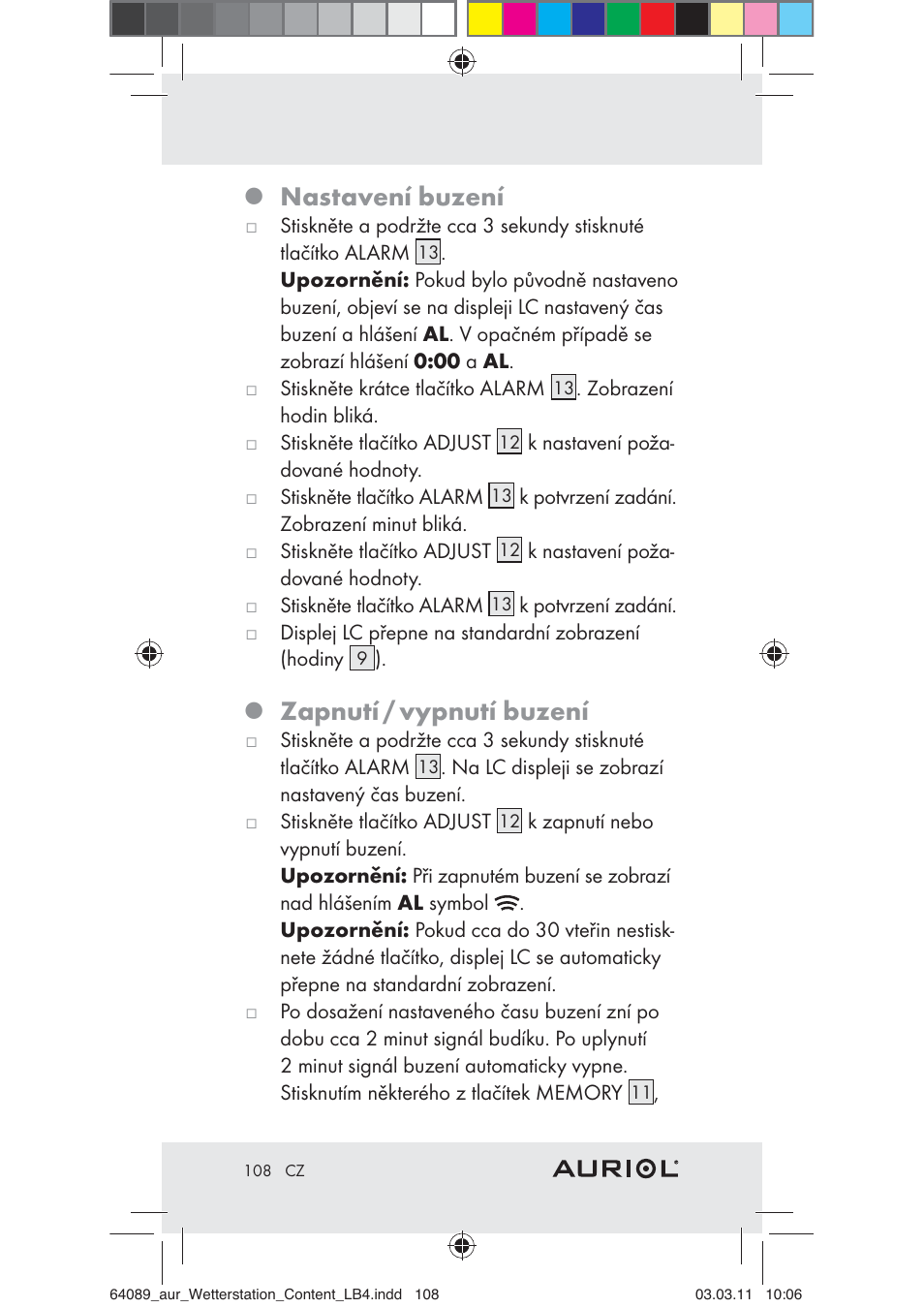 Nastavení buzení, Zapnutí / vypnutí buzení | Auriol Z29962A User Manual | Page 106 / 136