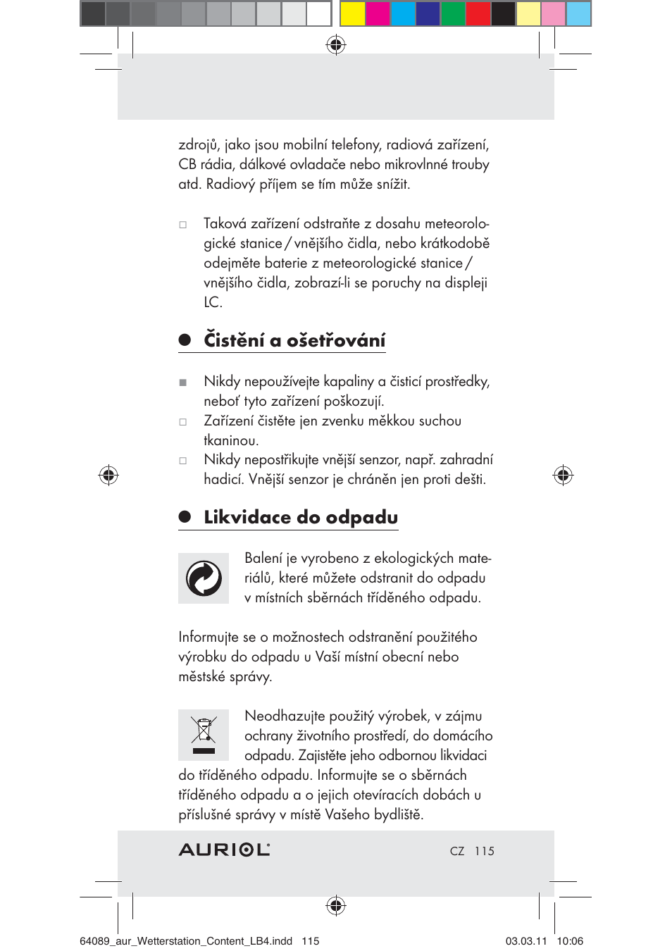 Čistění a ošetřování, Likvidace do odpadu | Auriol Z29962A User Manual | Page 113 / 136