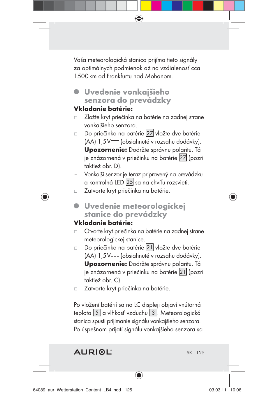 Uvedenie vonkajšieho senzora do prevádzky, Uvedenie meteorologickej stanice do prevádzky | Auriol Z29962A User Manual | Page 123 / 136