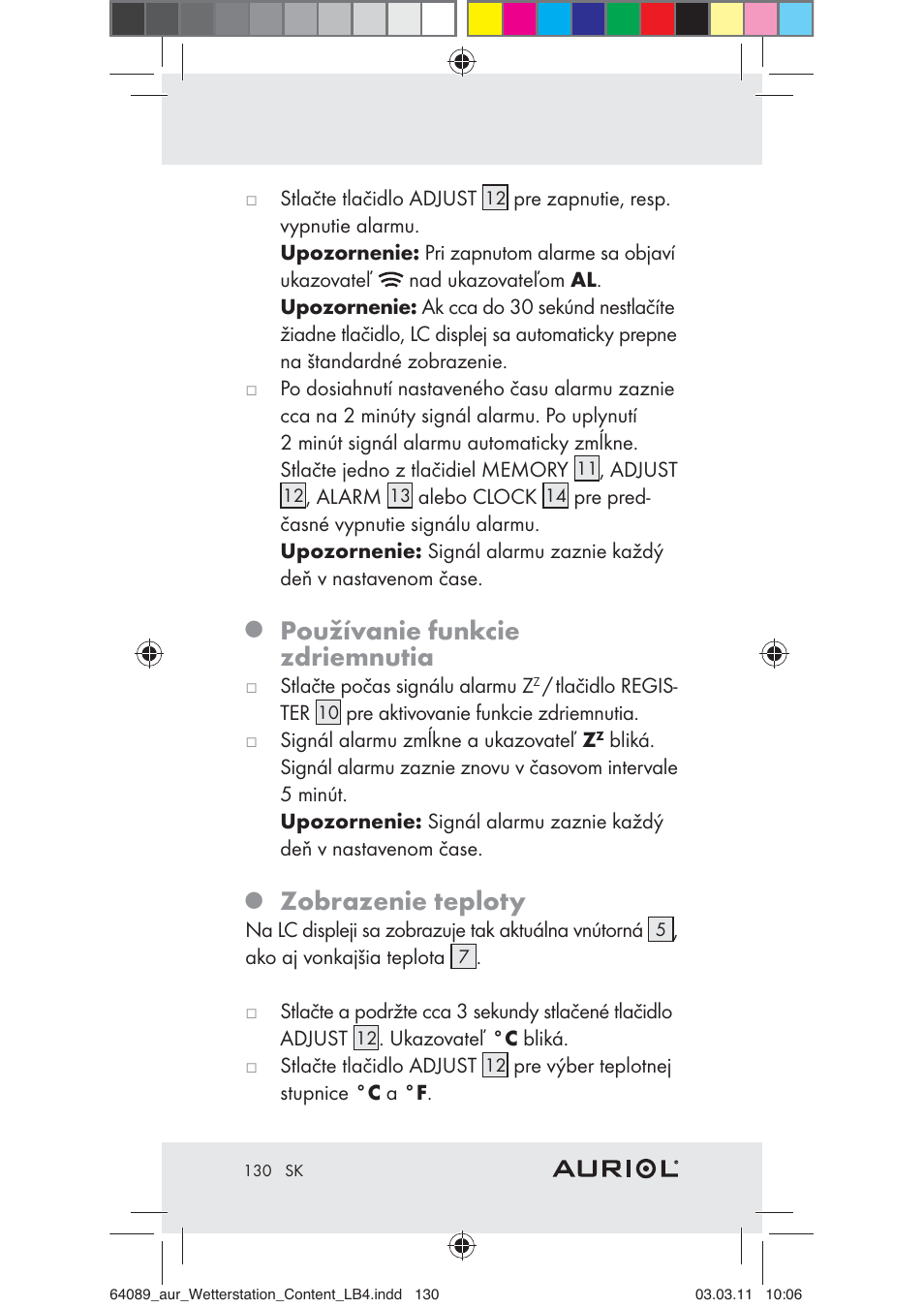 Používanie funkcie zdriemnutia, Zobrazenie teploty | Auriol Z29962A User Manual | Page 128 / 136