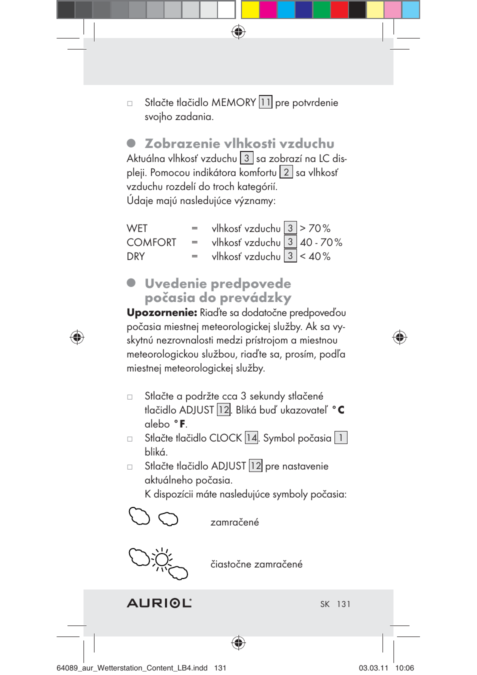 Zobrazenie vlhkosti vzduchu, Uvedenie predpovede počasia do prevádzky | Auriol Z29962A User Manual | Page 129 / 136