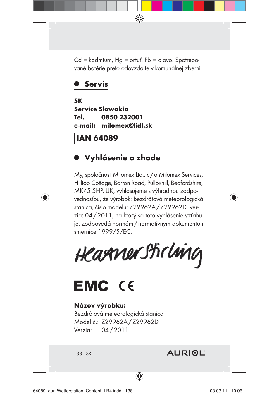 Servis, Vyhlásenie o zhode | Auriol Z29962A User Manual | Page 136 / 136