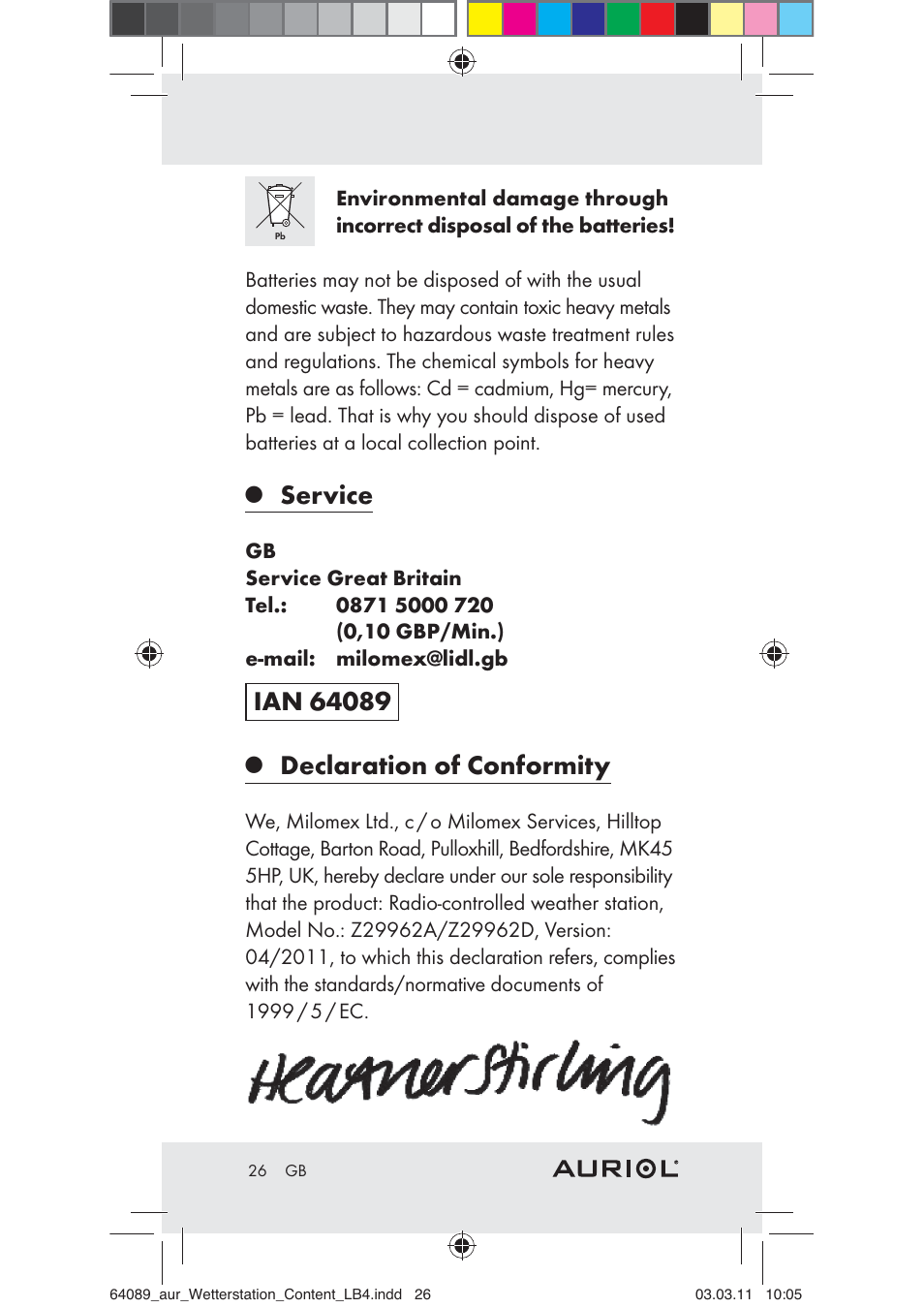 Service, Declaration of conformity | Auriol Z29962A User Manual | Page 24 / 136