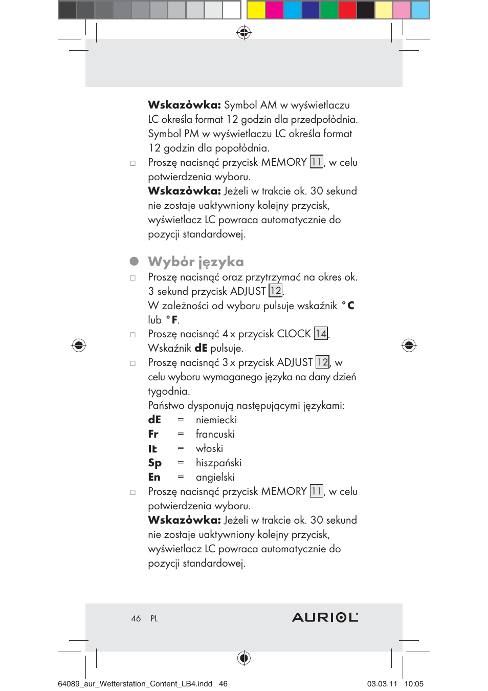 Wybόr języka | Auriol Z29962A User Manual | Page 44 / 136