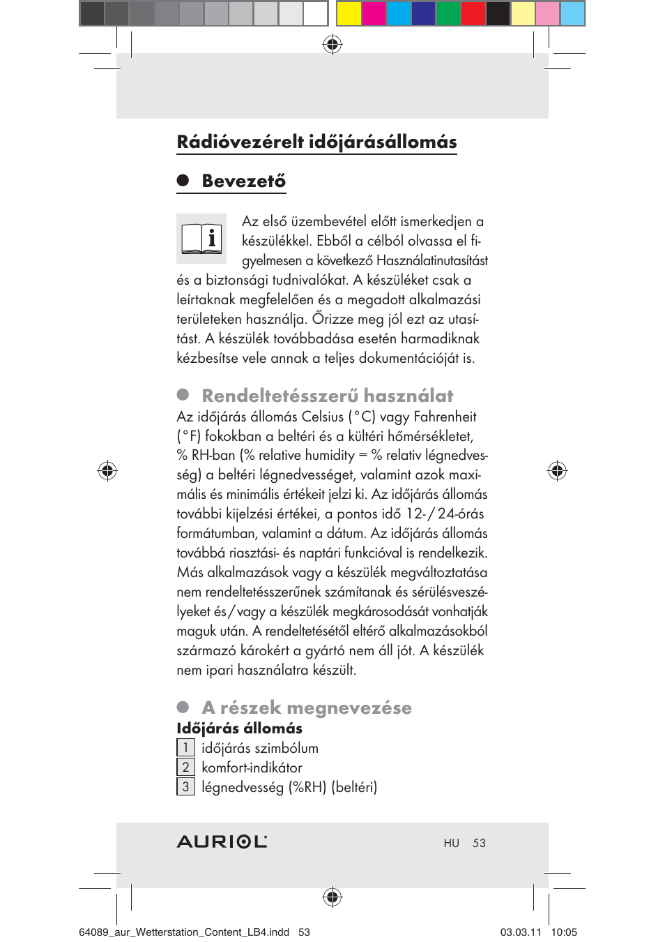 Rádióvezérelt időjárásállomás, Bevezető, Rendeltetésszerű használat | A részek megnevezése | Auriol Z29962A User Manual | Page 51 / 136