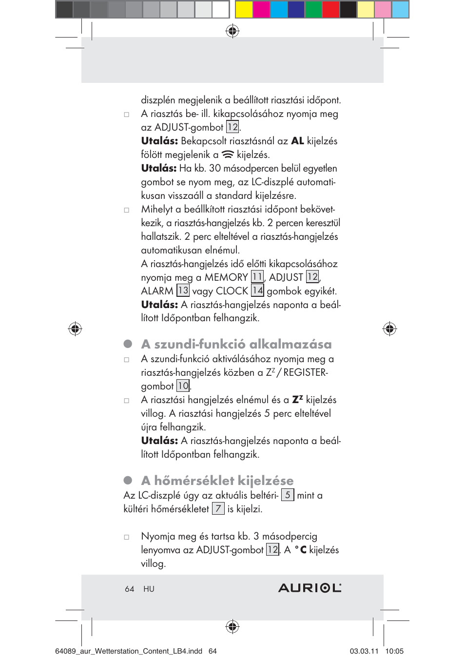 A szundi-funkció alkalmazása, A hőmérséklet kijelzése | Auriol Z29962A User Manual | Page 62 / 136