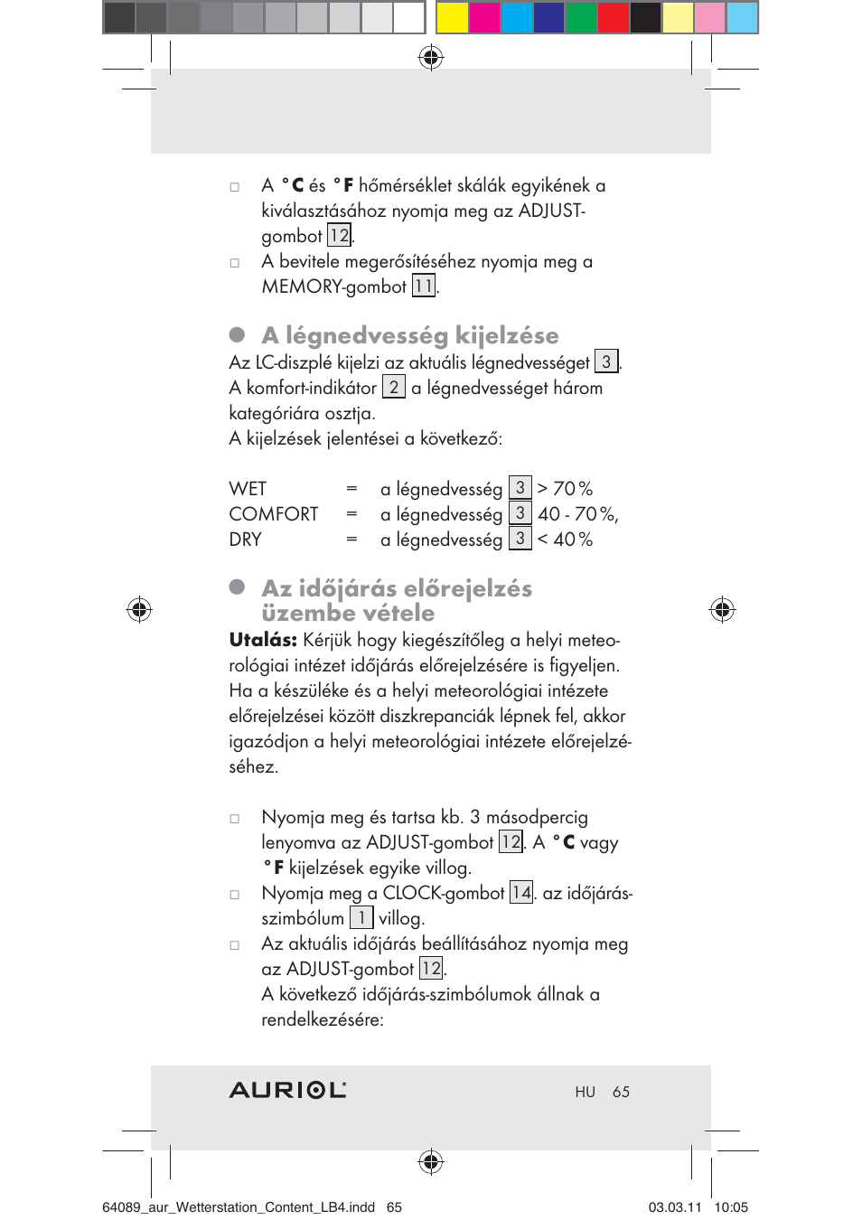 A légnedvesség kijelzése, Az időjárás előrejelzés üzembe vétele | Auriol Z29962A User Manual | Page 63 / 136