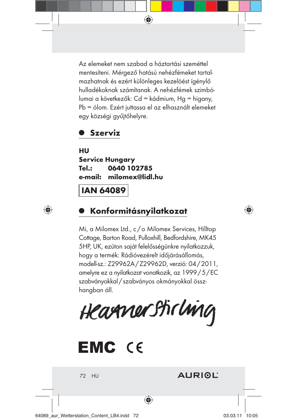 Szerviz, Konformitásnyilatkozat | Auriol Z29962A User Manual | Page 70 / 136