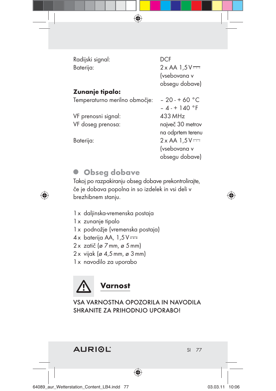Obseg dobave, Varnost | Auriol Z29962A User Manual | Page 75 / 136