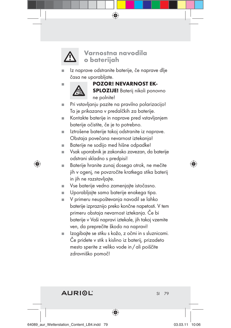 Varnostna navodila o baterijah | Auriol Z29962A User Manual | Page 77 / 136