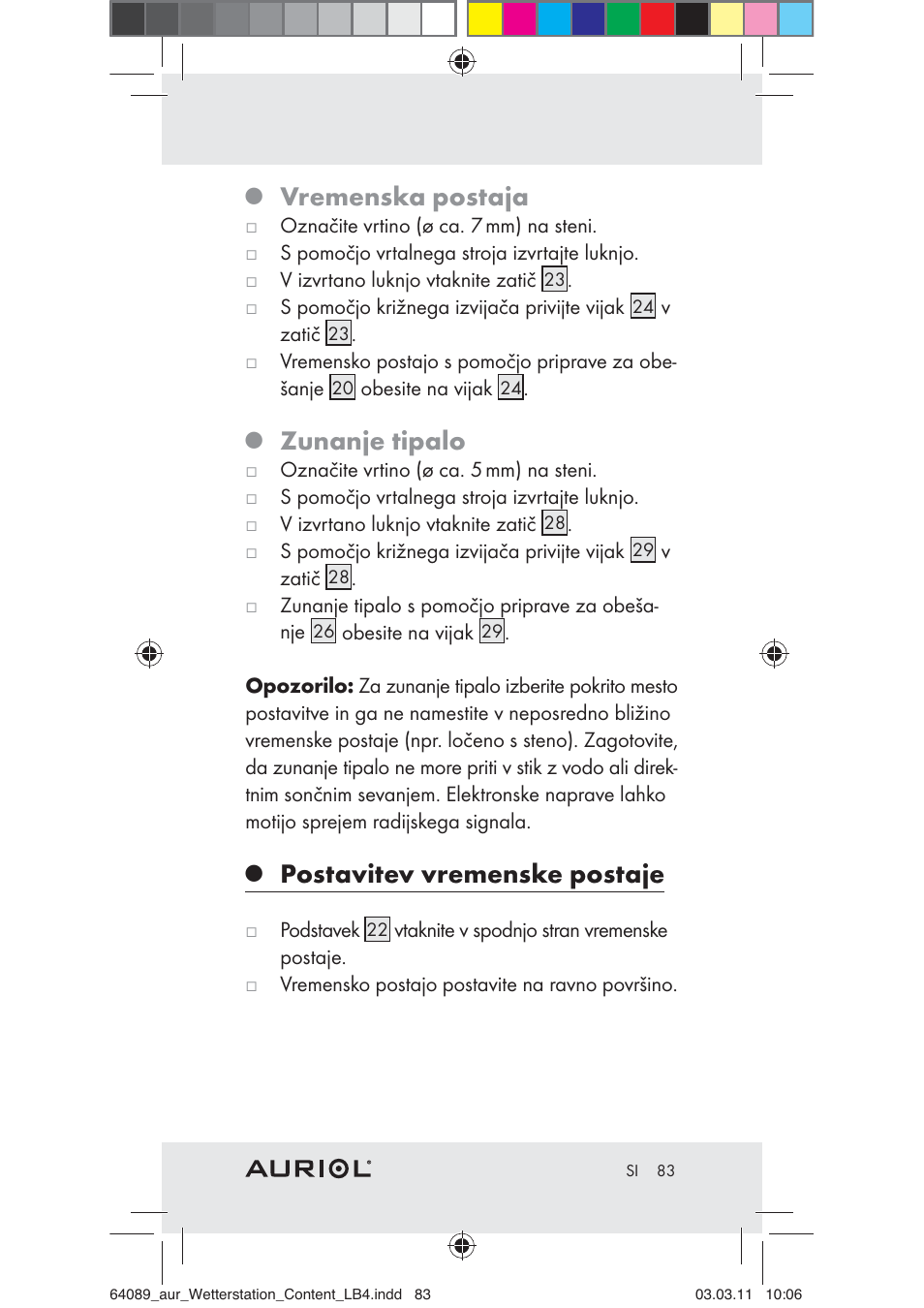 Vremenska postaja, Zunanje tipalo, Postavitev vremenske postaje | Auriol Z29962A User Manual | Page 81 / 136