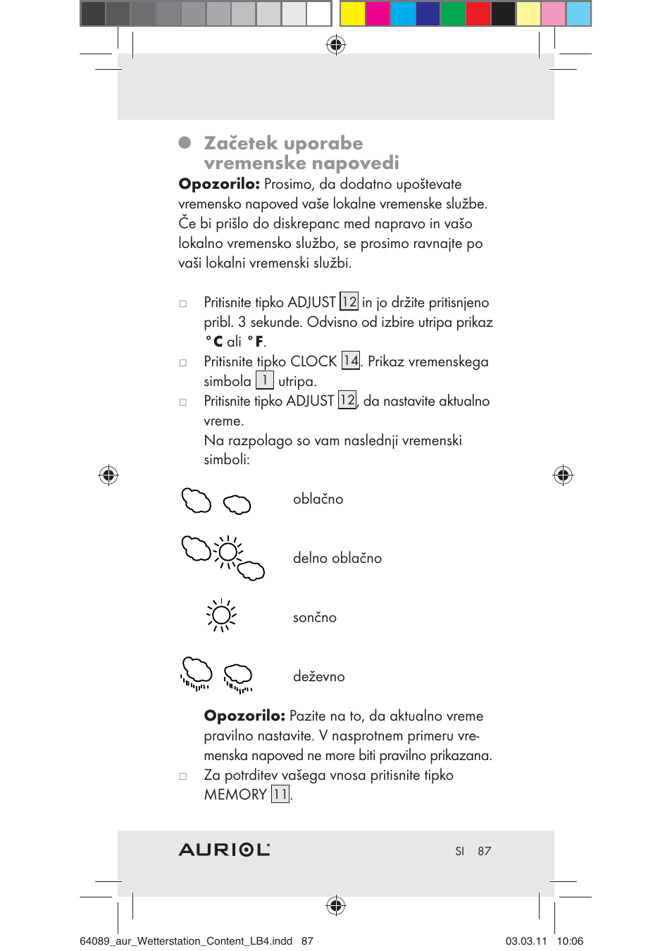 Začetek uporabe vremenske napovedi | Auriol Z29962A User Manual | Page 85 / 136