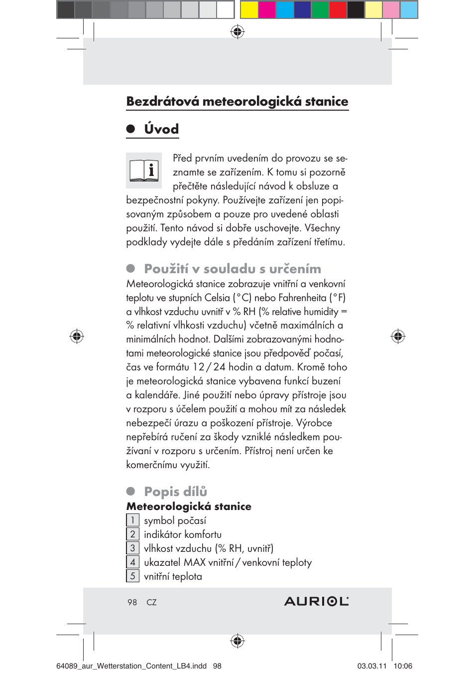 Bezdrátová meteorologická stanice, Úvod, Použití v souladu s určením | Popis dílů | Auriol Z29962A User Manual | Page 96 / 136