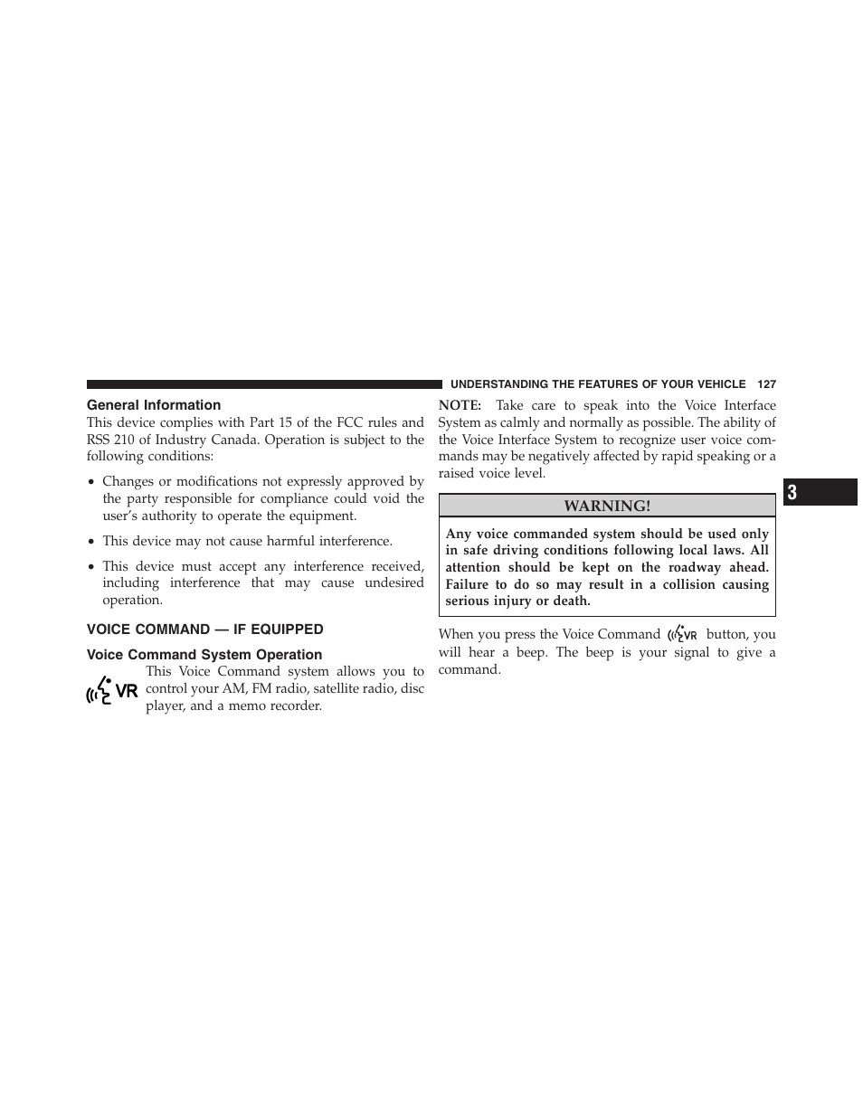 General information, Voice command — if equipped, Voice command system operation | Dodge 2011 Nitro User Manual | Page 128 / 484