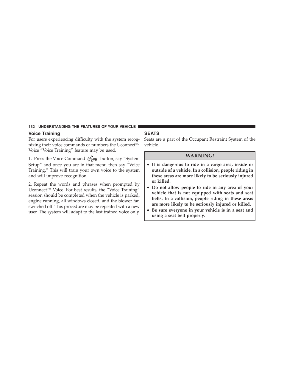 Voice training, Seats | Dodge 2011 Nitro User Manual | Page 133 / 484