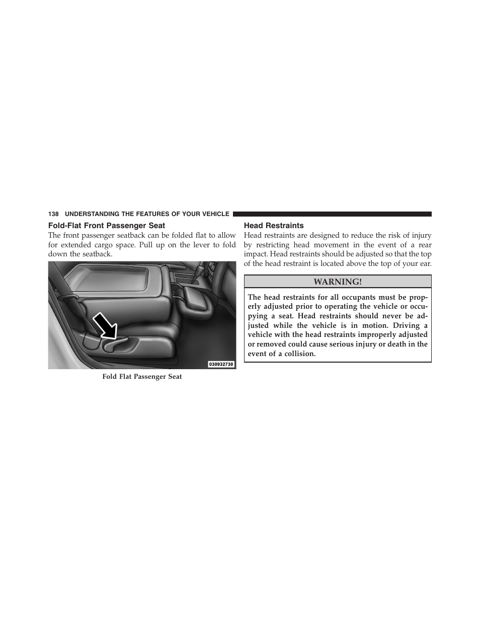 Fold-flat front passenger seat, Head restraints, General information | Dodge 2011 Nitro User Manual | Page 139 / 484