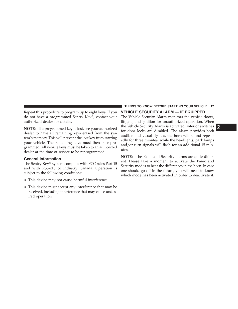 General information, Vehicle security alarm — if equipped, Sentry key | Dodge 2011 Nitro User Manual | Page 18 / 484