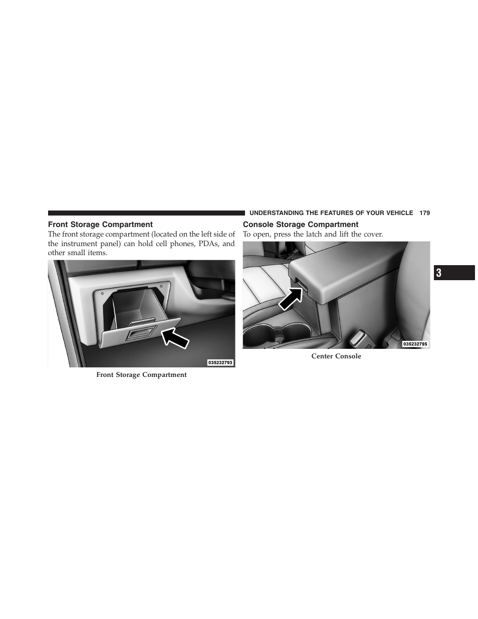 Front storage compartment, Console storage compartment, Service parksense௡ rear park assist | Dodge 2011 Nitro User Manual | Page 180 / 484