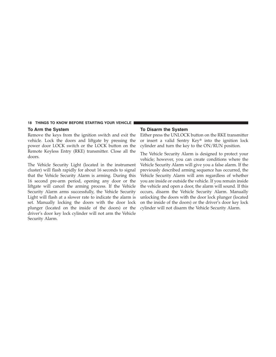 To arm the system, To disarm the system, Replacement keys | Customer key programming | Dodge 2011 Nitro User Manual | Page 19 / 484