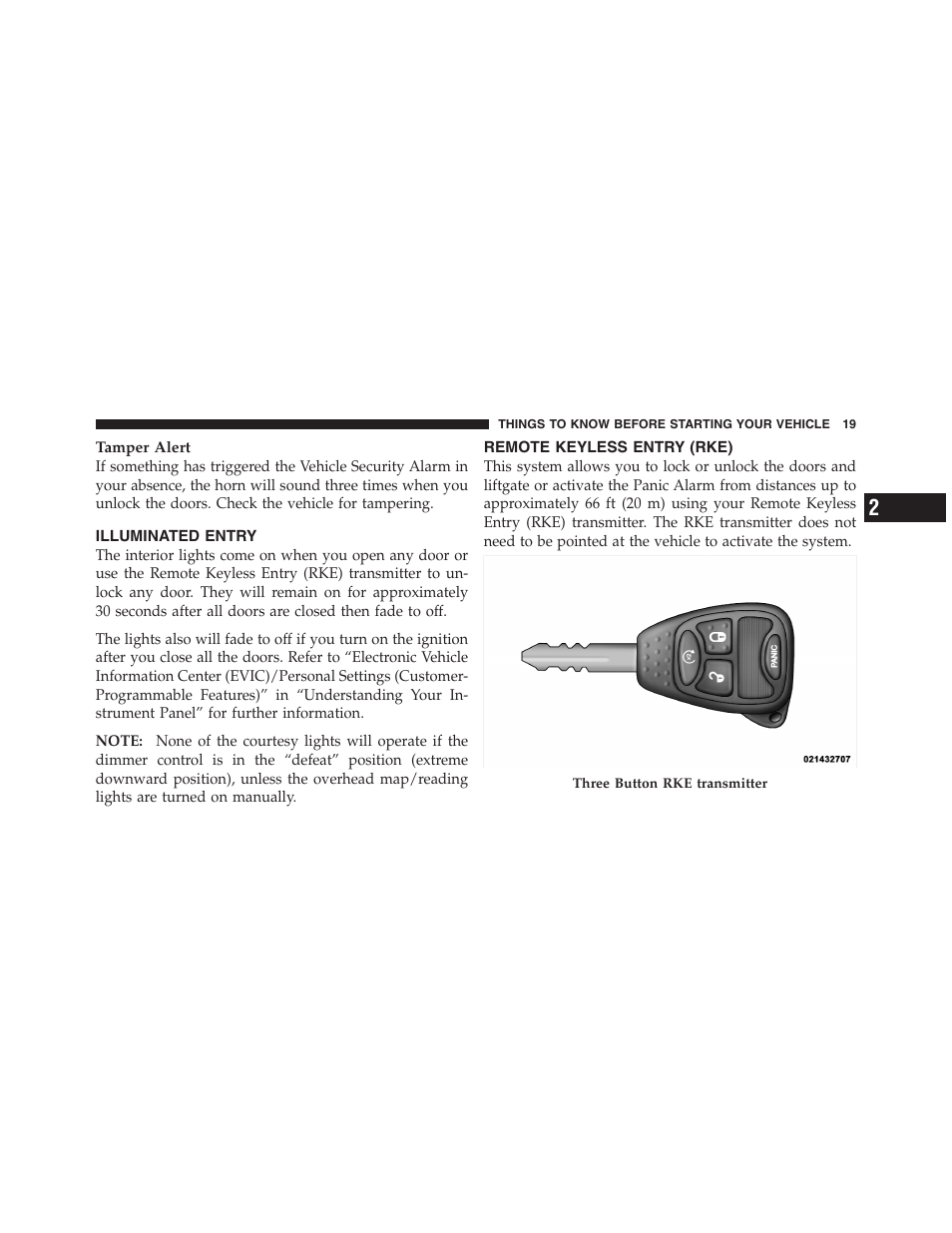 Illuminated entry, Remote keyless entry (rke) | Dodge 2011 Nitro User Manual | Page 20 / 484