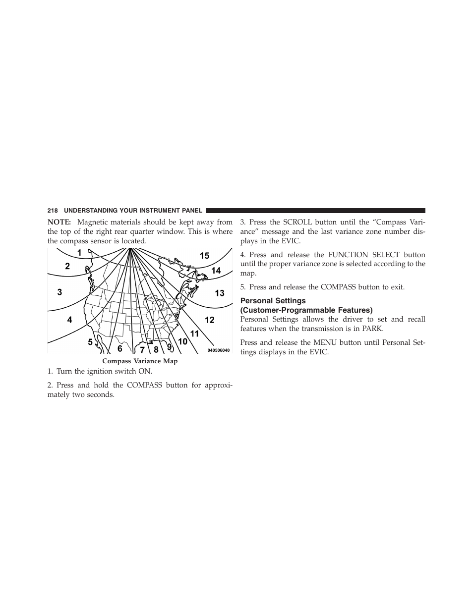 Personal settings (customer-programmable features) | Dodge 2011 Nitro User Manual | Page 219 / 484