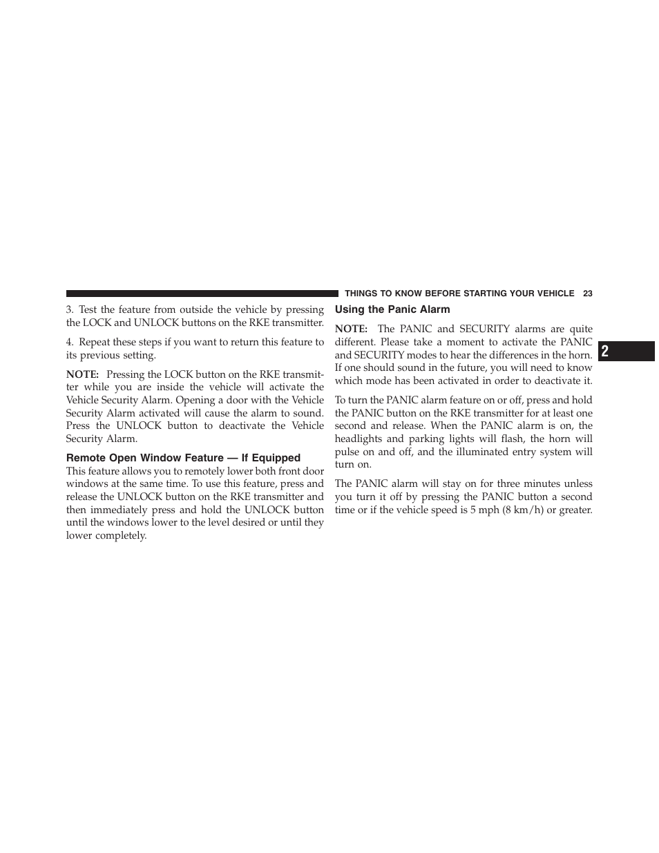 Remote open window feature — if equipped, Using the panic alarm, Illuminated entry | Dodge 2011 Nitro User Manual | Page 24 / 484