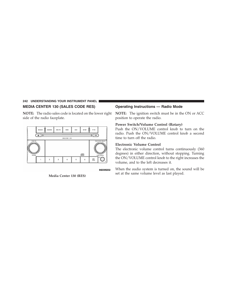 Media center 130 (sales code res), Operating instructions — radio mode | Dodge 2011 Nitro User Manual | Page 243 / 484