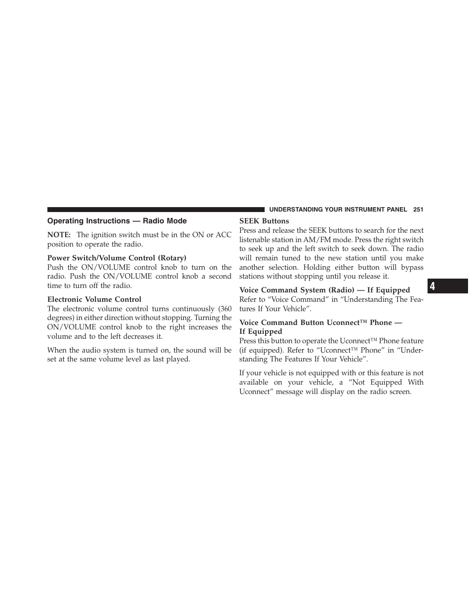 Operating instructions — radio mode | Dodge 2011 Nitro User Manual | Page 252 / 484